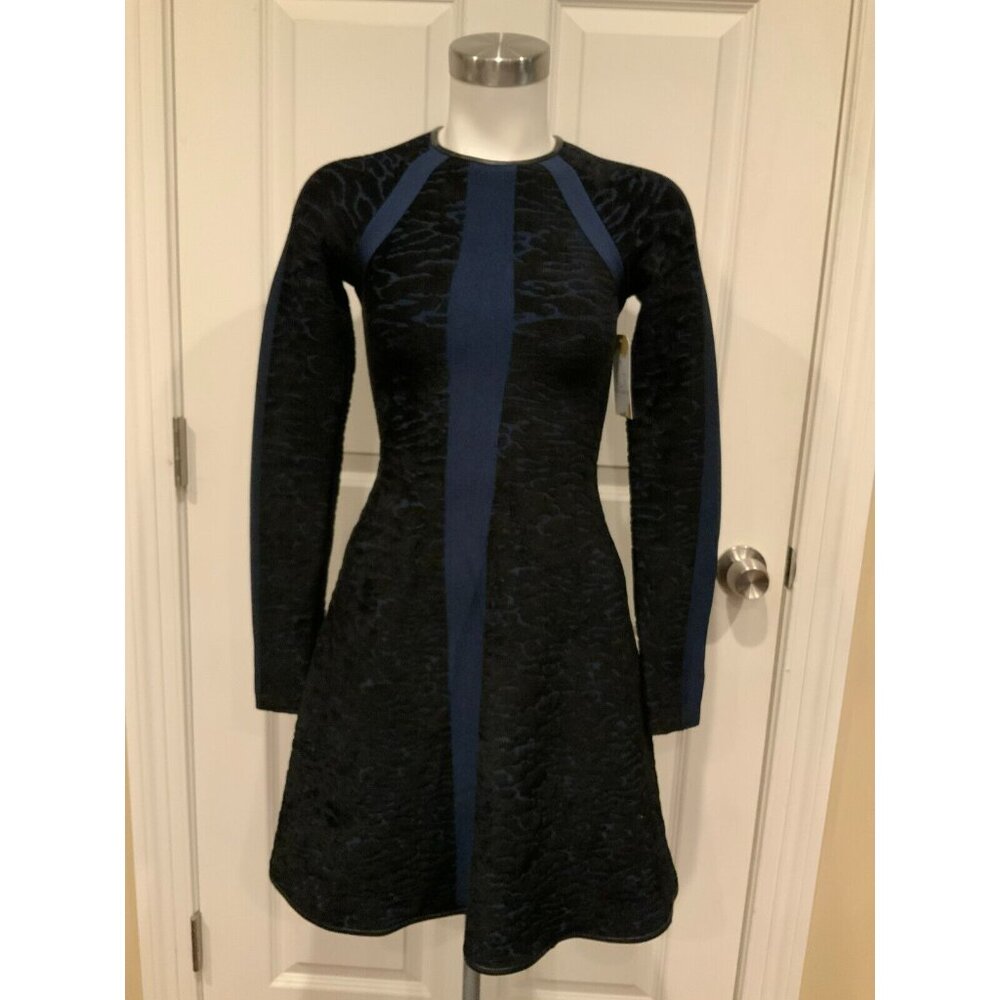 ISSA Dark Blue Velour Textured Patterned Fit & Flare Dress, Size Small